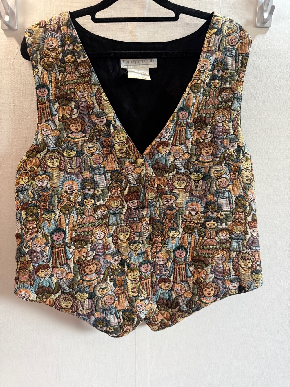 Paris Sport Club Vintage Tapestry Doll Vest Women’s L Button School Cottagecore